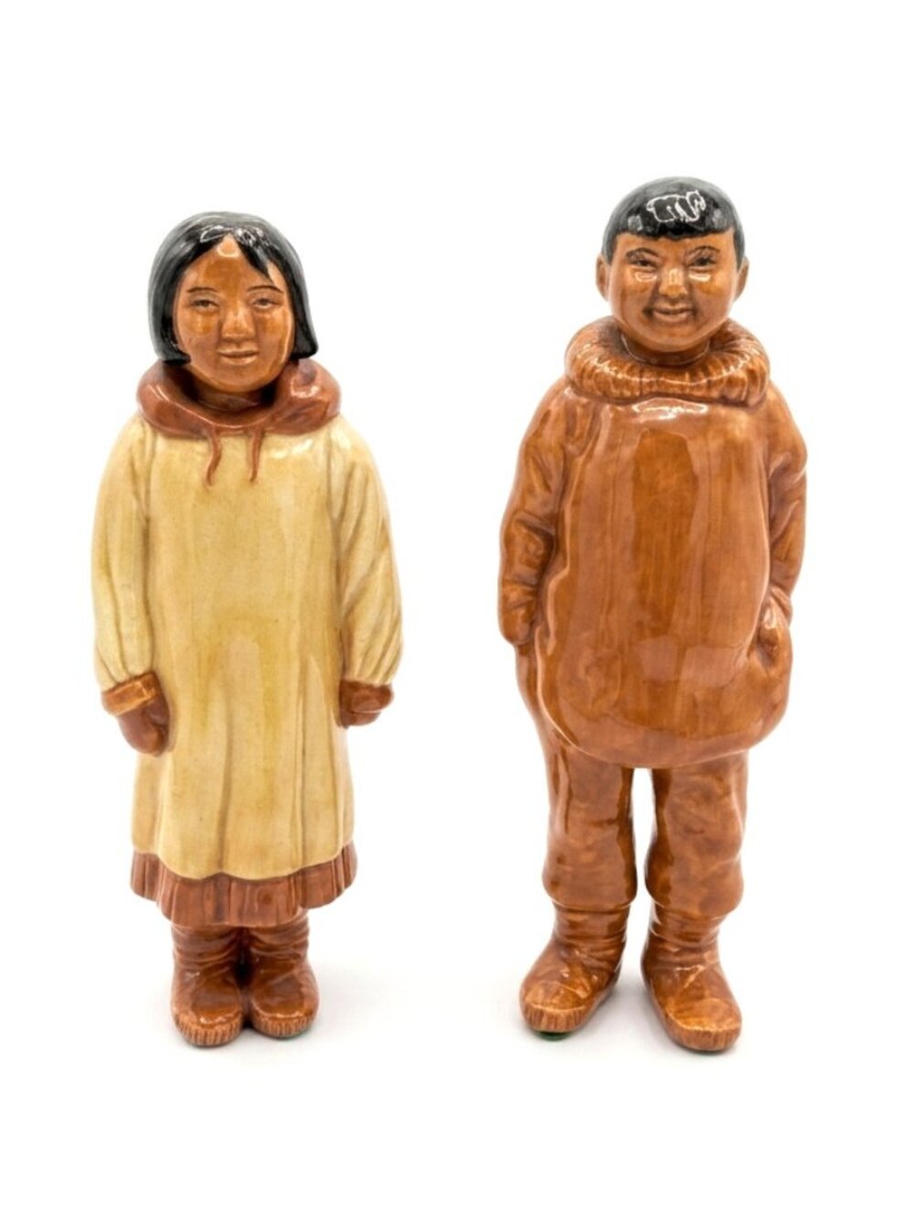 Vintage Hand-Signed Cecile Ceramic Inuit Figurine Pair - Boy & Girl